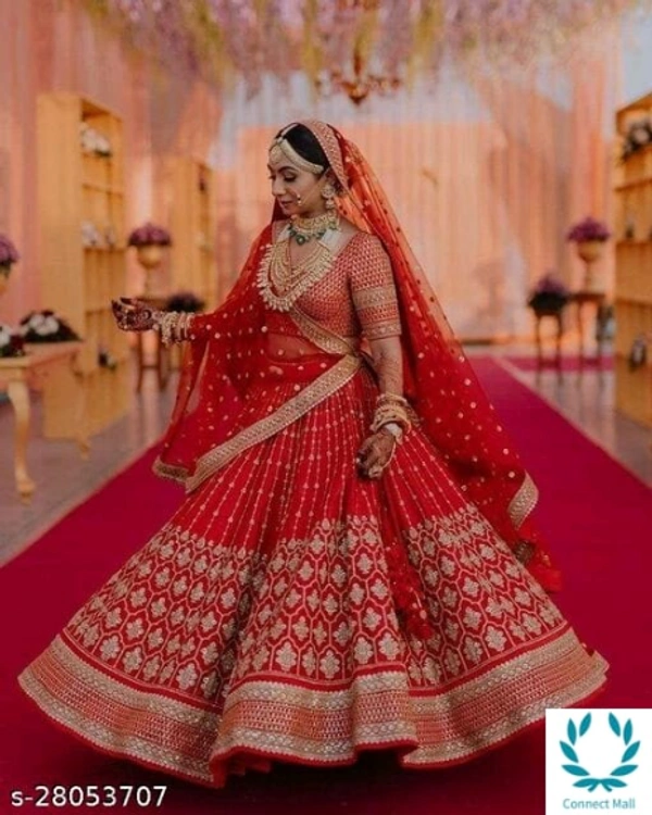 SemiStiched Lehenga Choli - Free Size, Red, Satain , Dupatta Fabric:Net, Embroidered, Pack of:1